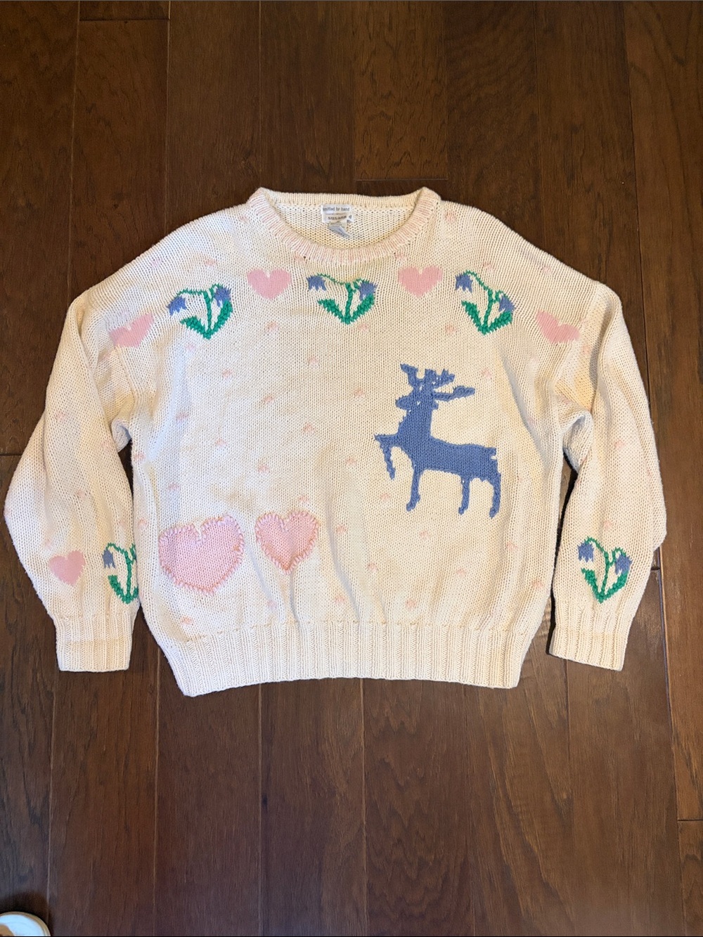 Chunky Hand Knit Blue Reindeer Pink Heart Christmas Sweater Large, Cotton blend
